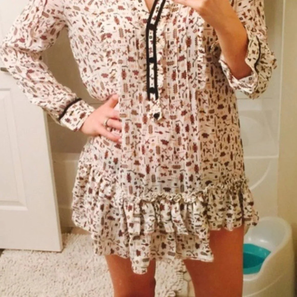 Proenza Schouler Chiffon Printed Dress Black Velvet Piping Midi Long Sleeve L - Picture 6 of 6